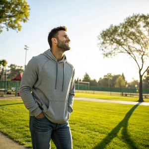 Kevin Pillar in a casual outfit. Wearing a gray hoodie, jeans. Outdoor park setting. Bright sunny day.