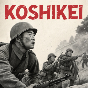 Vintage movie poster for 'Kôshikei'. Featuring a group of Japanese soldiers in mid-action pose. The scene is in grayscale with bold red text. Classic 1950s film poster style.