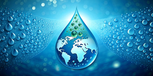 Water Drops as Droplet Shape on Blue Background. World Water Day Concept. Environment Care. CSR, Corporate Social Responsibility or CSC, Corporate Social Contribution