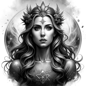 Saga, The Seer - Nordic Goddess of Sagas & Myths perfect realistic art, high-definition grey and black, white background tattoo design