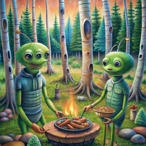 Two Aliens are cooking kebab barbecue on grill in a pine-birch forest. Positive conversation