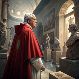 Francis, the Pope, visits the Vatican Museum. Wearing a red cape and papal hat, surrounded by art and ancient sculptures.