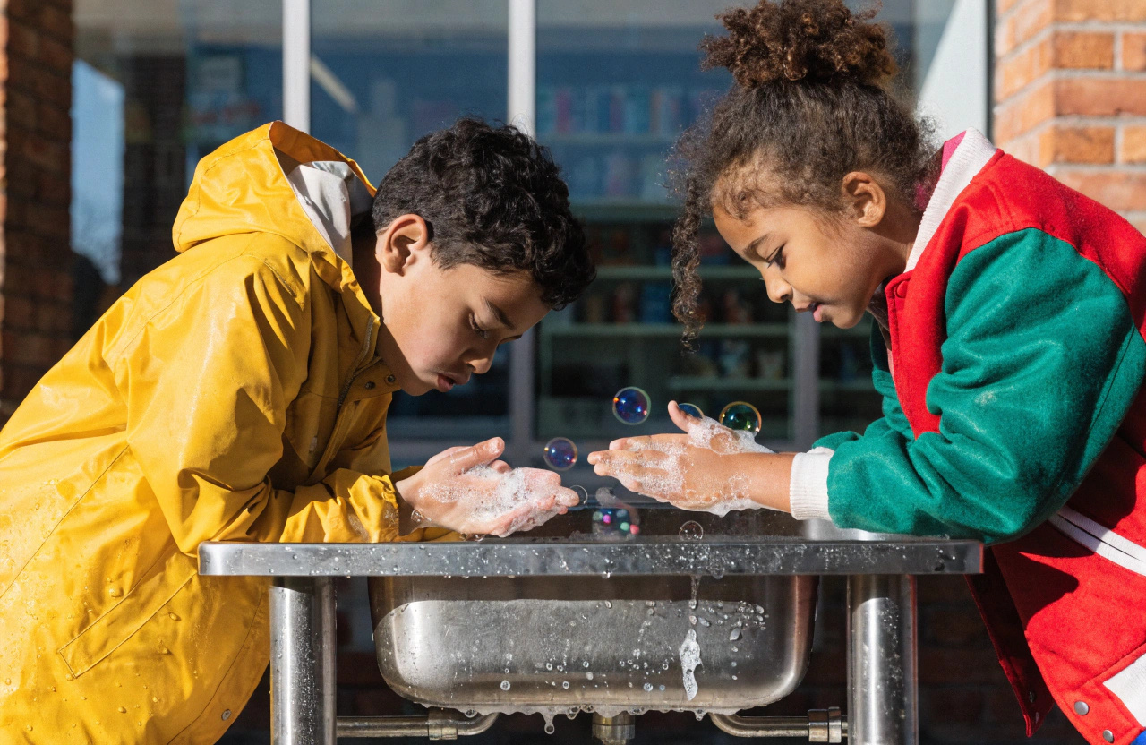 
        Children wash their hands and rub bubbles.
        
