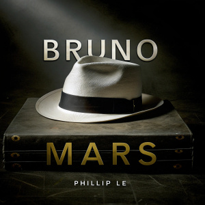 Bruno Mars, featuring a book cover with a sleek, white fedora hat and bold text. Dark, moody background designed by Phillip Le.