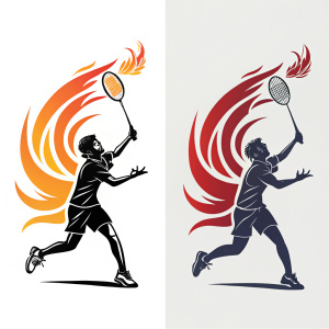 Two dynamic logo designs for the Badminton Association of Malaysia. First logo showcases fiery hues and a player in mid-swing with a badminton racket. Second logo features a sleek black and white style with a player in a poised stance, emphasizing the sporty theme.