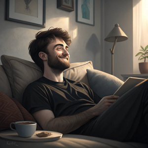 Daniel Radcliffe, with his characteristic beard and warm smile, is seen lounging on a cozy couch. Dressed in a casual black t-shirt. His setting is a modern, minimalist studio apartment. The ambiance is cozy and intimate, with soft, diffused lighting casting gentle shadows on the walls.