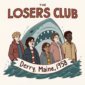 Illustration of The Losers Club logo featuring diverse characters from different backgrounds. A giant sea monster looms above them. Derry, Maine, 1958 text style resembles comic book lettering.