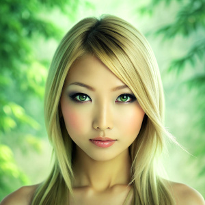 picture-perfect asian beauty blond turquoise-green eyes 