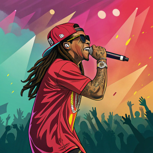 Lil Wayne, rapper, performing on stage with a vibrant, colorful background. Crowd in the background