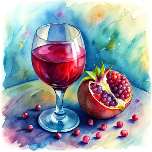 pomegranate wine, glass of pomegranate wine, isolated watercolor