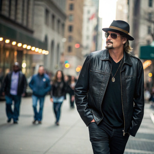 Kid Rock, donning a black leather jacket, fedora, and shades, strolling through a bustling city street with a blur of passersby in the background.