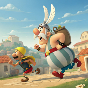 Asterix and Obelix animated film poster. Obelix and Asterix engaged in playful antics. Vibrant, cartoonish visuals. Eye-catching 3D elements.