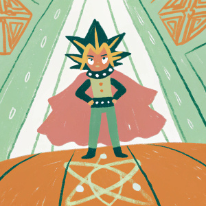 Yami Yugi standing confidently in a magical duel arena, surrounded by intricate symbols and glowing energy. His eyes intensely focused, wearing his iconic outfit including the black choker and flowing cape.