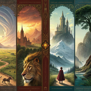Digital artwork showcasing The Chronicles of Narnia series. Each book cover depicts distinct scenes and characters. Includes fantasy landscapes, architectural marvels, and mythical creatures. Dominated by earthy, vibrant hues.