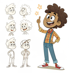 Illustration for Finger Gun animated series, showcasing a variety of character designs and sketches. Each drawing captures unique traits of the characters in a cartoon style, leading to a finalized image of the main character on the right side.