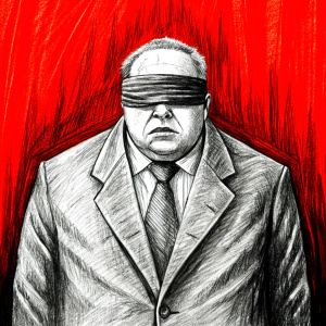 Fat rich man in a jacket blindfolded