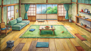 crayon kids anime ghibli japanese messy apartment living room kotatsu