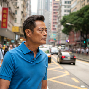 Louis Koo Tin-lok, a distinguished actor, captured in a candid moment. He's dressed in a blue polo shirt. The backdrop is a busy street scene in Hong Kong.