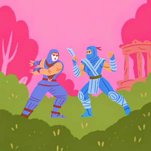 Animated illustration showcasing Mortal Kombat warriors. Dynamic poses, colorful palette, battle-ready stances. Background is lush, vibrant forest with ancient ruins