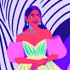 Freida Pinto, an actress from India, wearing a golden off-shoulder gown. She smiles softly, makeup minimal. Black and white striped background, resembling a chalkboard.