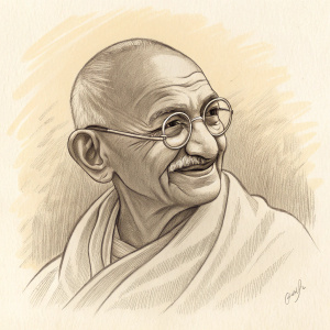 Caricature sketch of Mahatma Gandhi. Simple pencil drawing. Soft texture, warm lighting