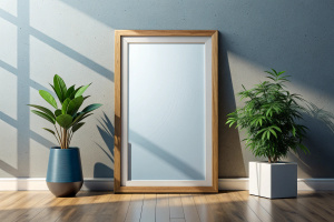 Frame mockup, single vertical ISO A paper size, reflective glass, mockup poster on the wall of living room. Interior mockup. Apartment background. Modern interior design. 3D render