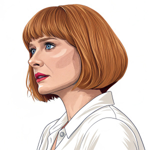 Digital art piece of Claire Dearing from Jurassic World. Caucasian ethnicity, bob hair, distinctive look. Various angles of her face. White blouse. Vibrant colors, stylized. Plain white background.