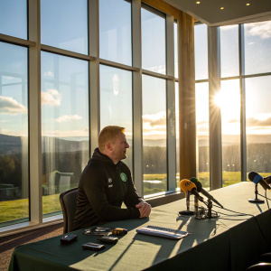 Neil Lennon, Celtic manager, conducting a Q&A session. Conference room with large windows, sunlight streaming in.