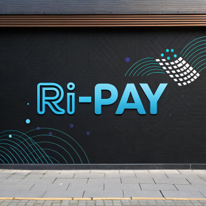 The Ripay Money Transfer brand image. Black backdrop, vibrant blue text 'RI-PAY' in contemporary font style, abstract design elements.