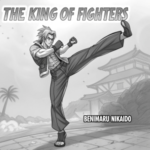 A detailed black and white sketch of Benimaru Nikaido from The King of Fighters. He's mid-kick, dramatic pose, dynamic background, game logo