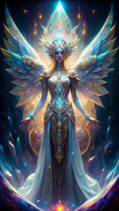 "Crystal Seraph: Guardian of the Sacred Crystals. Adorned in shimmering crystals that refract light in kaleidoscopic patterns, she emanates a divine aura of purity and protection. With each radiant step, she illuminates the path to enlightenment."


