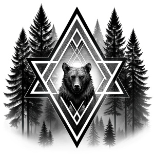 valknut runes pattern geometric symbols - bear and trees - tattoo design - perfect realistic art - high-definition - grey and black - white background 