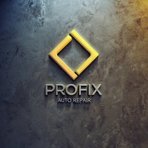 Modern logo design for Profix Auto Repair featuring the brand name 'Profix' in a sleek, custom font below a bold, geometric shape in vibrant yellow against a dark grey backdrop.