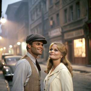 Terence Hill and Valerie Perrine in a vintage scene from 'Mr. Billion', set against a blurred backdrop of an old city street.