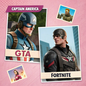 Collage con varios personajes de videojuegos. Fondo rosado con imágenes pequeñas y elementos de texto en español. Personajes como Capitán América, GTA, Fortnite. Usando texto como titulares y descripciones.