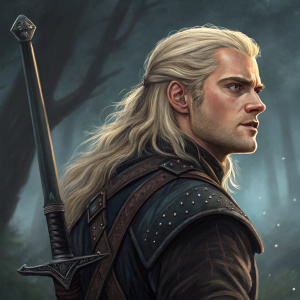 Digital painting of Geralt from The Witcher. Blonde hair, determined face, and sword. Dark, mystical background.