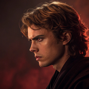 Close-up of Anakin Skywalker. Intense, focused stare. Dark, reddish backdrop.