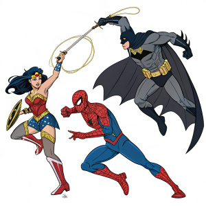Dynamic trio of heroes from the DC universe. Wonder Woman, Spider-Man, and Batman in an action-packed scene. Colorful and vibrant comic book style illustration.