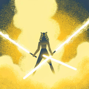 Ahsoka Tano, iconic Star Wars character, wielding a double-bladed lightsaber in a dramatic scene. Dark, smoky background with glowing light saber effects.