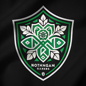 Nottingham Rangers logo, a shield-shaped emblem with intricate geometric patterns, set against a sleek black background, vibrant green and white colors, modern yet classic design, digital artwork.