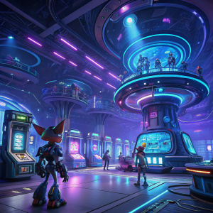 Inside a high-tech Ratchet & Clank game hub. Luminous blue and purple hues illuminate the space. Robotic figures and advanced machinery populate the multi-level setup.