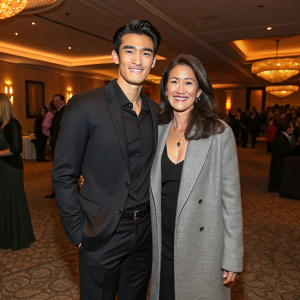 Alex Landi and Jennifer Landi attending a gala event. Alex in a dark suit, Jennifer in a black top and gray jacket. Room filled with guests, warm lighting, carpeted floor.