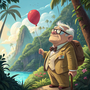 Carl Fredricksen, the grumpy old man from Pixar's 'Up', standing in front of a tropical paradise. He wears a khaki suit with a red balloon attached.