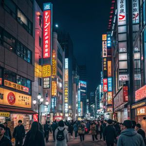 Tokyo's Kabukicho district at night. Crowded street filled with diverse individuals. Low angle shot highlights towering buildings and vibrant neon lights. Bright colors like red, blue, and yellow dominate the scene. Advertising signs in Japanese characters.