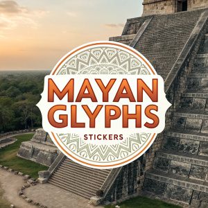 Logo for Mayan Glyphs stickers. Text 'Mayan Glyphs Stickers' in bold orange font. Background with intricate, geometric patterns in muted tones.