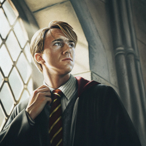 Draco Malfoy, portrayed with intense focus, adjusts his tie with firm determination. Artwork captures his expression in a realistic style, with a moody color palette featuring shades of brown and grey. The textured background enhances the portrait's aesthetic.