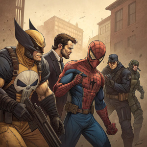 Comic book illustration. The Punisher, Spider-Man, and Wolverine. Detective Swat Trooper and hostages in various poses. Unique appearances and distinct costume styles. Sepia-toned background