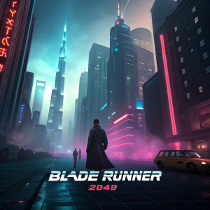 Promotional poster for 'Blade Runner 2049'. Futuristic cityscape with towering buildings and vibrant neon lights. Original 1982 film elements are echoed. Blade Runner logo featured prominently at the bottom.