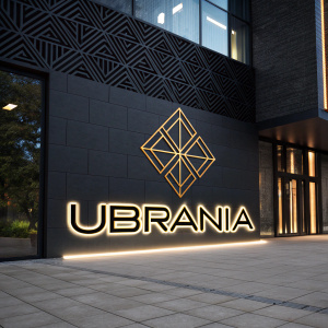 Logo for 'Ubrania', a stylish and futuristic brand. Geometric design above the brand name. Digital art.