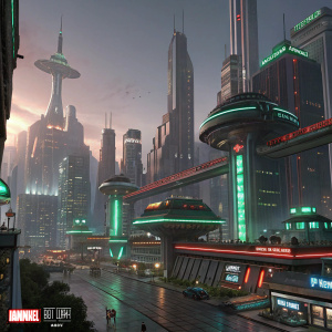 Digital art concept for Marvel's Xandar City. Inspired by Guardians of the Galaxy. Futuristic architecture with neon lights in shades of green, red, and gray. Detailed cityscape with walkways and floating platforms. Marvel Studios watermark